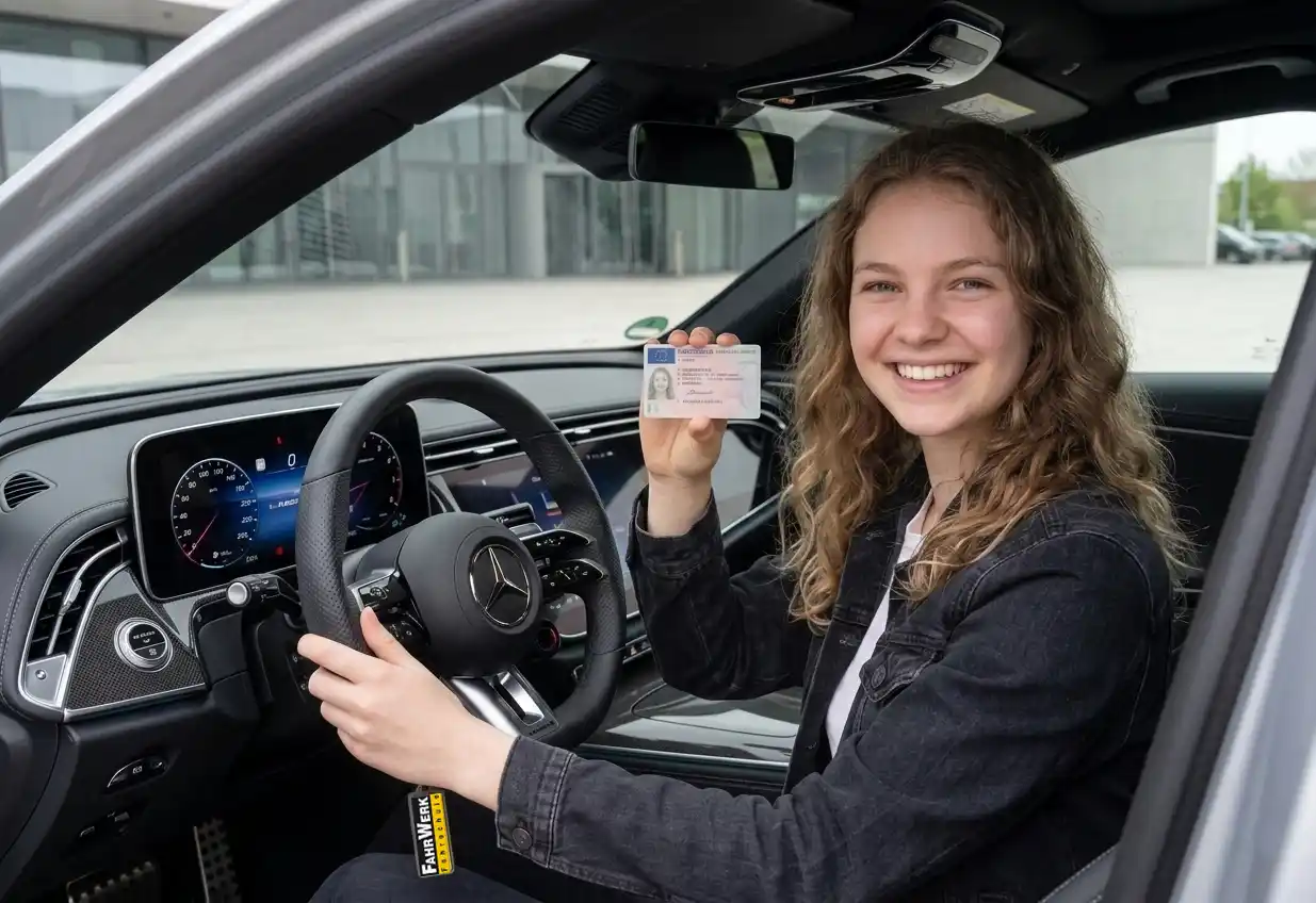Junge Frau lächelt auf dem Fahrersitz eines Mercedes und hält stolz ihren neuen EU-Führerschein in die Kamera.