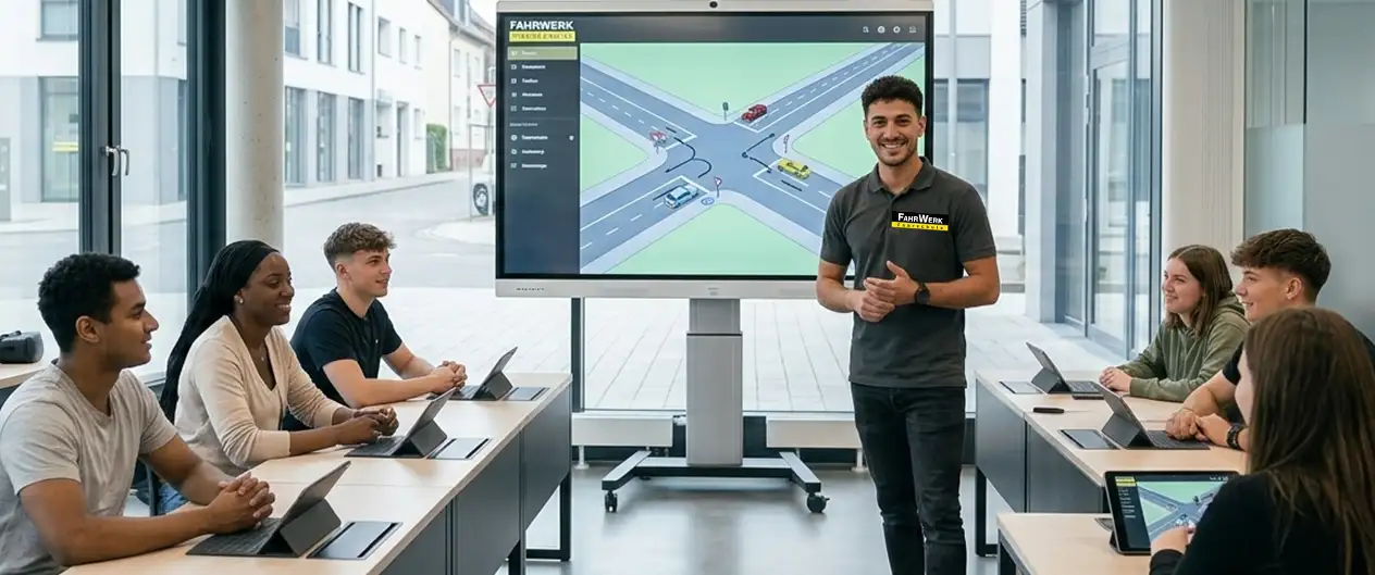 Moderner Theorieunterricht in der Fahrschule FahrWerk in Darmstadt: Ein Fahrlehrer erklärt jungen Fahrschülern eine Verkehrssituation an einem interaktiven Smartboard.