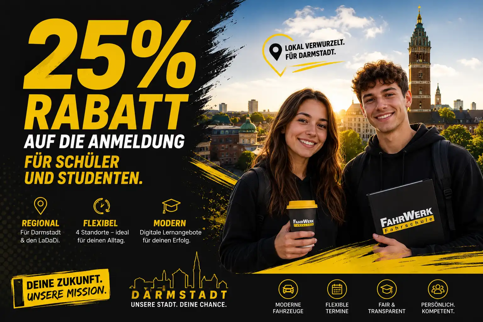 Fahrschule Darmstadt Angebot: 25 % Rabatt auf die Anmeldung für Schüler und Studenten bei der FahrWerk Fahrschule in Darmstadt mit modernen Fahrzeugen und flexiblen Terminen.