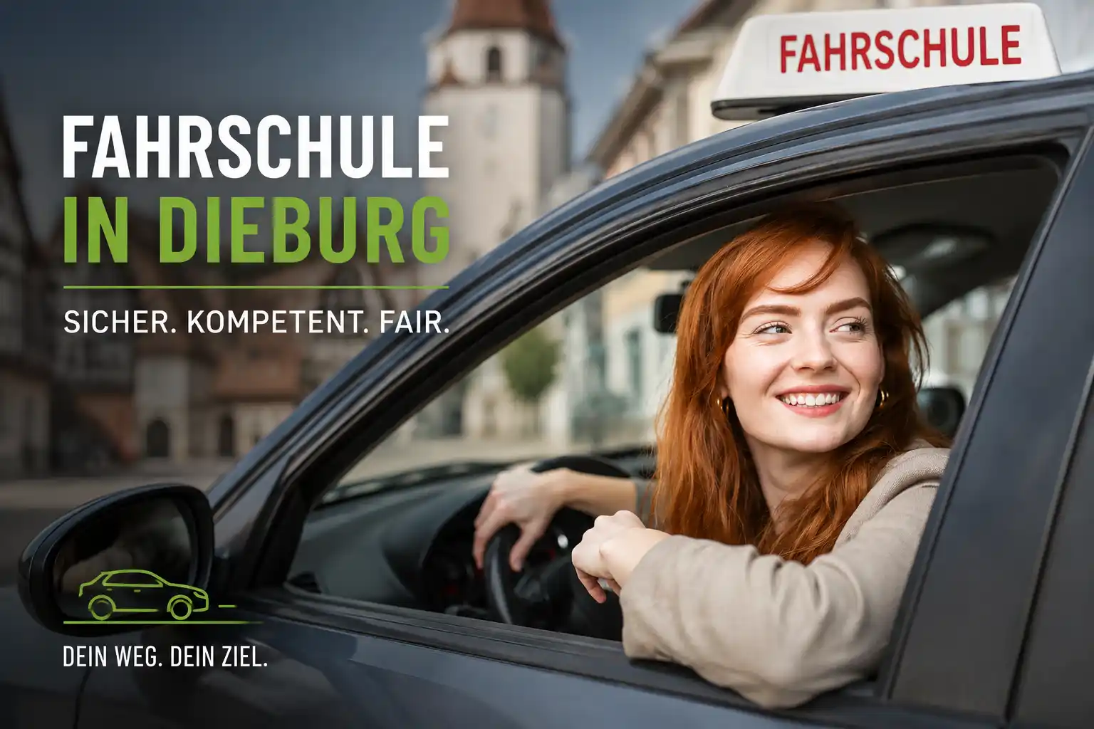 Fahrschule in Dieburg – Sicher. Kompetent. Fair.“ ergänzt das moderne Beitragsbild. Das Bild zeigt eine junge Frau mit roten Haaren, die entspannt und lächelnd im Auto sitzt. Auf dem Dach des Fahrzeugs befindet sich ein Fahrschulschild. Im Hintergrund ist eine unscharfe Stadtkulisse zu sehen.