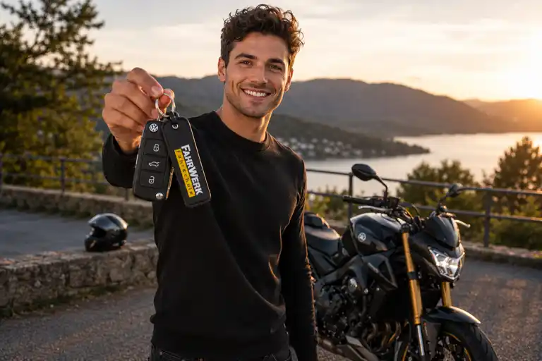 Die FahrWerk Fahrschule Griesheim bietet professionelle Ausbildung für Motorrad Führerschein und PKW Führerschein mit modernen Fahrzeugen und flexiblen Fahrstunden. Attraktiver Fahrschüler mit Motorradschlüssel vor modernem Bike in Griesheim. 
