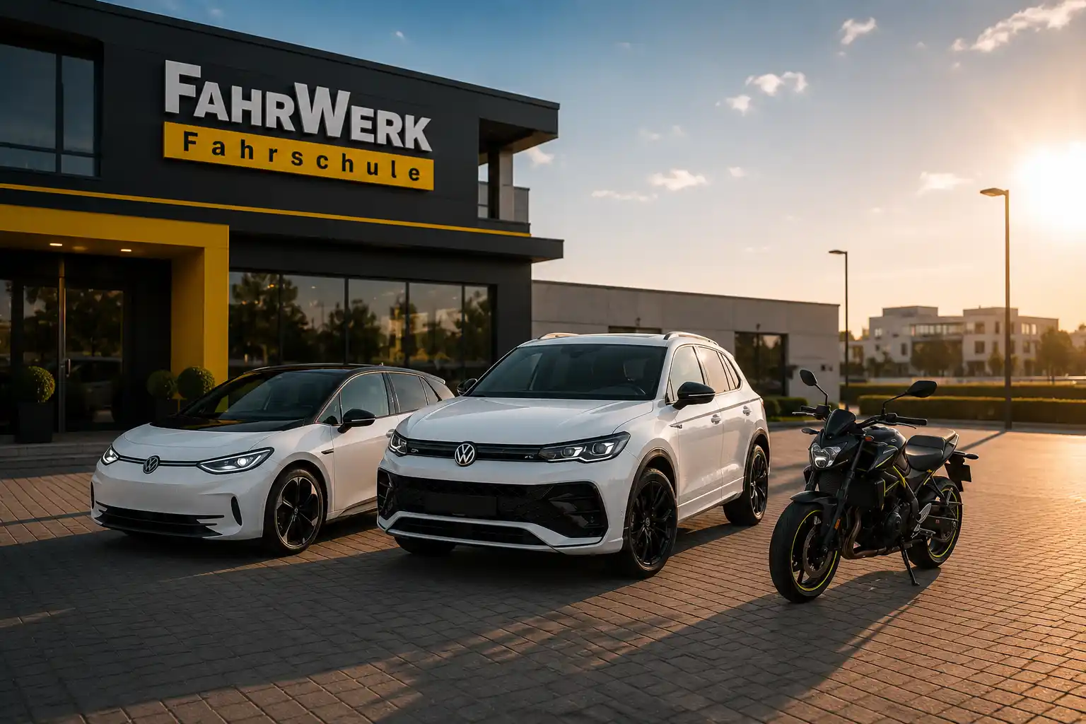 Moderne Fahrzeuge vor der FahrWerk Fahrschule Griesheim bei warmem Sonnenlicht: Ein elektrischer VW ID.3, ein VW Tiguan und ein sportliches Motorrad stehen bereit für deine Führerschein-Ausbildung. Die moderne Fahrschule in Griesheim bietet professionelle Fahrstunden für PKW- und Motorradführerschein in einer hochwertigen und entspannten Lernatmosphäre.